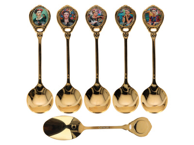 Sæt med 6 skeer belagt med 24K guld med F. Kahlo-motiv, mulighed for personlig gravering - elegant bestik som gave, 13 cm, CARMANI