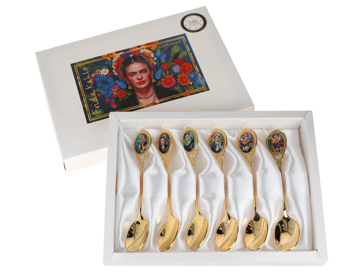 Sæt med 6 skeer belagt med 24K guld med F. Kahlo-motiv, mulighed for personlig gravering - elegant bestik som gave, 13 cm, CARMANI