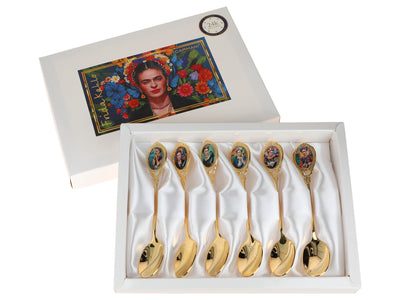 Sæt med 6 skeer belagt med 24K guld med F. Kahlo-motiv, mulighed for personlig gravering - elegant bestik som gave, 13 cm, CARMANI