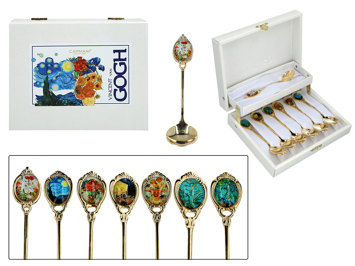 Sæt med 6 skeer belagt med 24K guld og 1 sukkerske - V. van Gogh, mix, mulighed for personlig gravering, elegant gaveæske, mål 13 cm