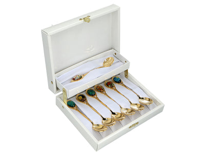 Sæt med 6 skeer belagt med 24K guld og 1 sukkerske - V. van Gogh, mix, mulighed for personlig gravering, elegant gaveæske, mål 13 cm