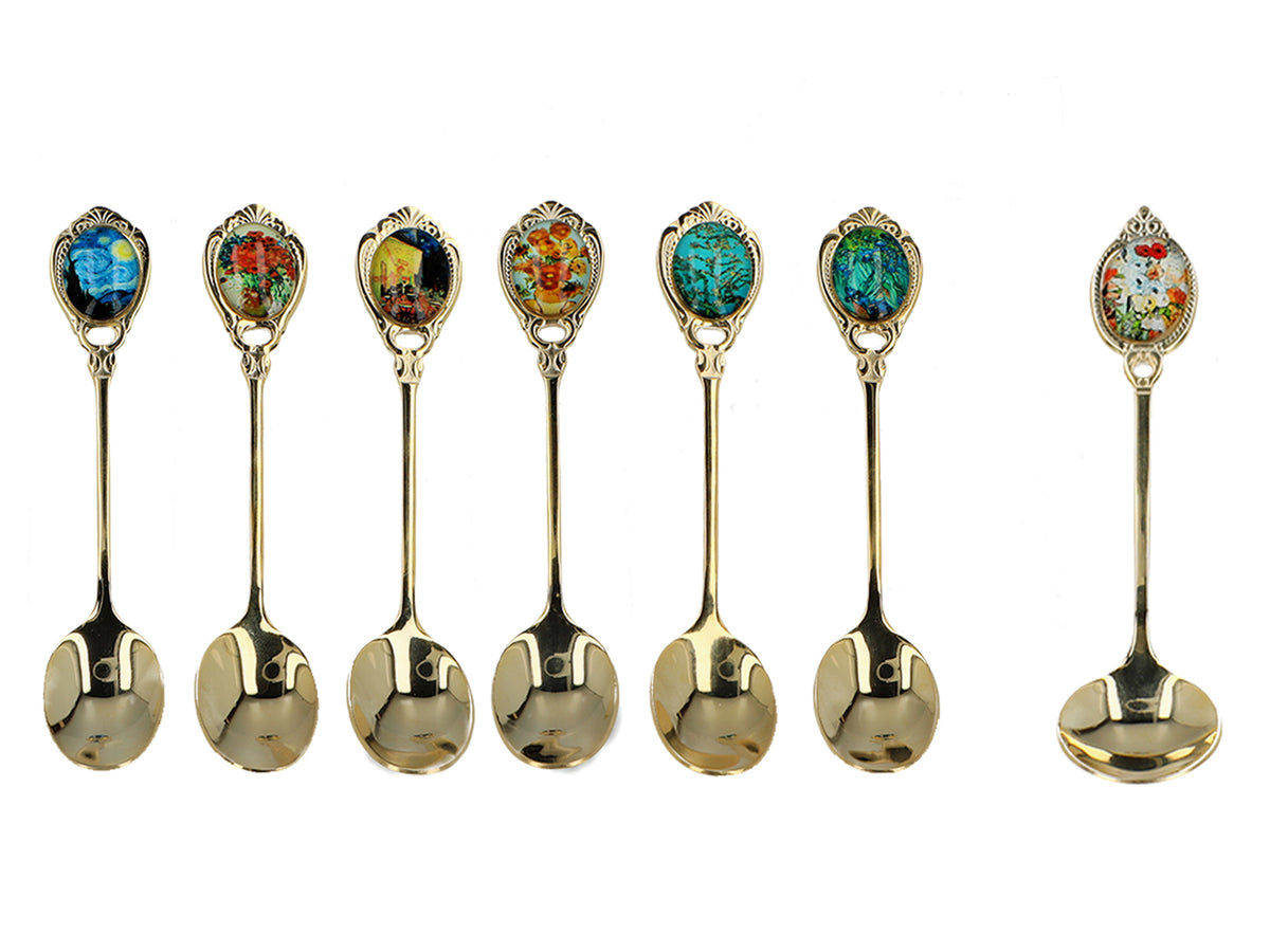 Sæt med 6 skeer belagt med 24K guld og 1 sukkerske - V. van Gogh, mix, mulighed for personlig gravering, elegant gaveæske, mål 13 cm
