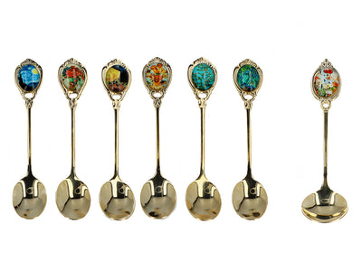 Sæt med 6 skeer belagt med 24K guld og 1 sukkerske - V. van Gogh, mix, mulighed for personlig gravering, elegant gaveæske, mål 13 cm