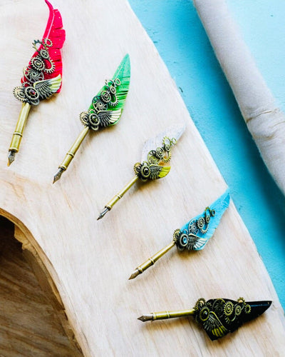 Kaligrafipenne "Steampunk Elegance" med Kalkunfjer - Håndlavet 5 varianter at vælge imellem, personliggørelse med gravering til gave