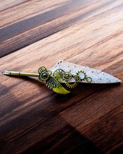 Kaligrafipenne "Steampunk Elegance" med Kalkunfjer - Håndlavet 5 varianter at vælge imellem, personliggørelse med gravering til gave