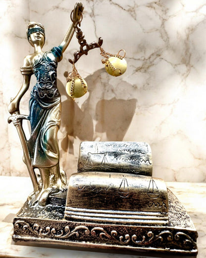 Statuette "Justicia 2" - Retfærdighedens Gudinde – Kunstnerisk Dekoration til Hylde, Håndværk af Harpiks, tilpasning med gravering