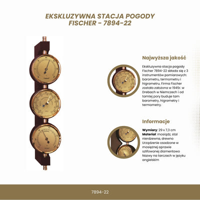 Eksklusiv vejrstation Fischer - barometer, hygrometer, termometer - messing, mahogni – 7894-22