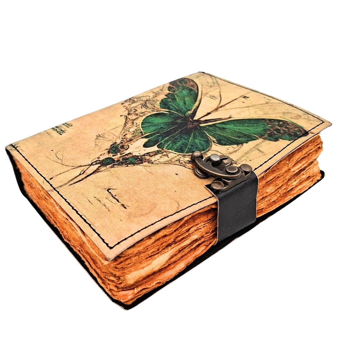 Retro notesbog i læder med sommerfugl - gedeskind, 200 sider - AH20