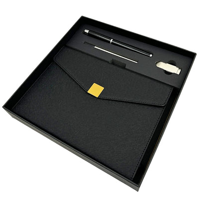 Elegant premium gavesæt – A5-notesbog med kuglepen og USB-nøgle 16GB i æske – sort-guld – EE9
