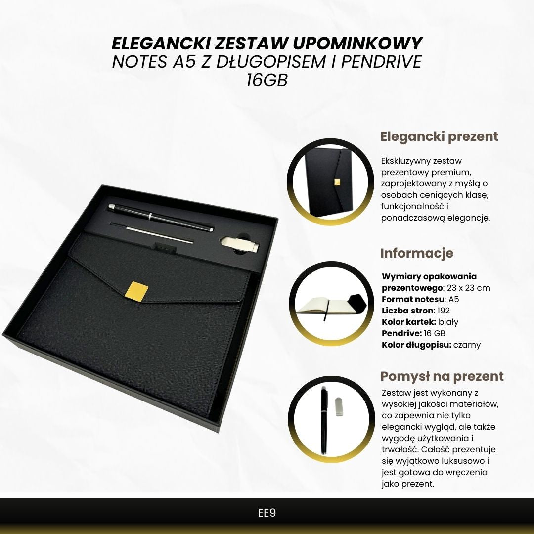 Elegant premium gavesæt – A5-notesbog med kuglepen og USB-nøgle 16GB i æske – sort-guld – EE9