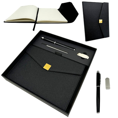 Elegant premium gavesæt – A5-notesbog med kuglepen og USB-nøgle 16GB i æske – sort-guld – EE9