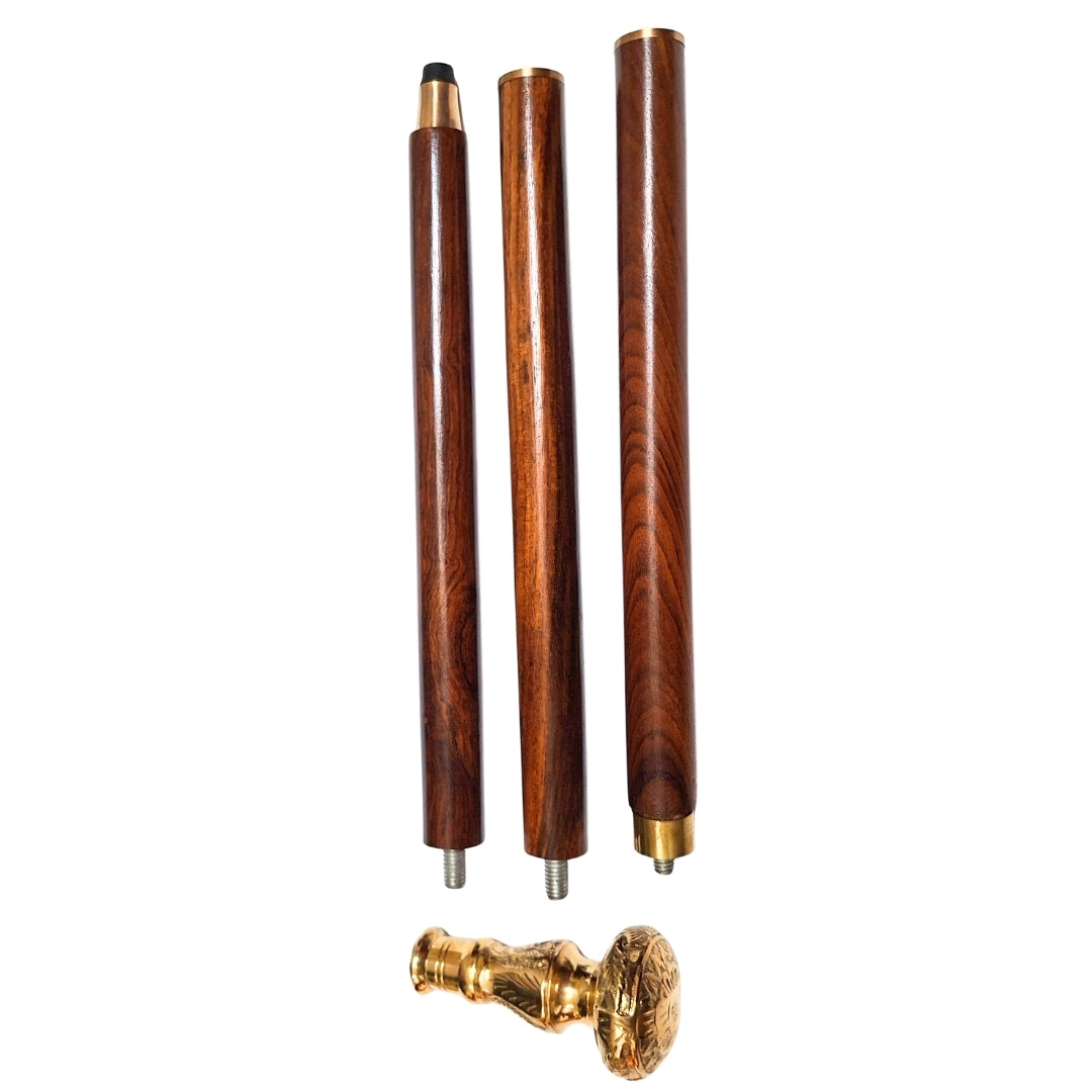 Elegant Sammenklappelig Gåstok med Messinghåndtag - Brun Træstok med Mulighed for Gravering - Perfekt Gave til Senior med Retro Stil - Maksimal Længde 96 cm