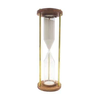 Timeglas i messing og træ, 30 min., med mulighed for personlig gravering – elegant gave til enhver anledning, højde 30,5 cm, hvidt sand, klassiske materialer