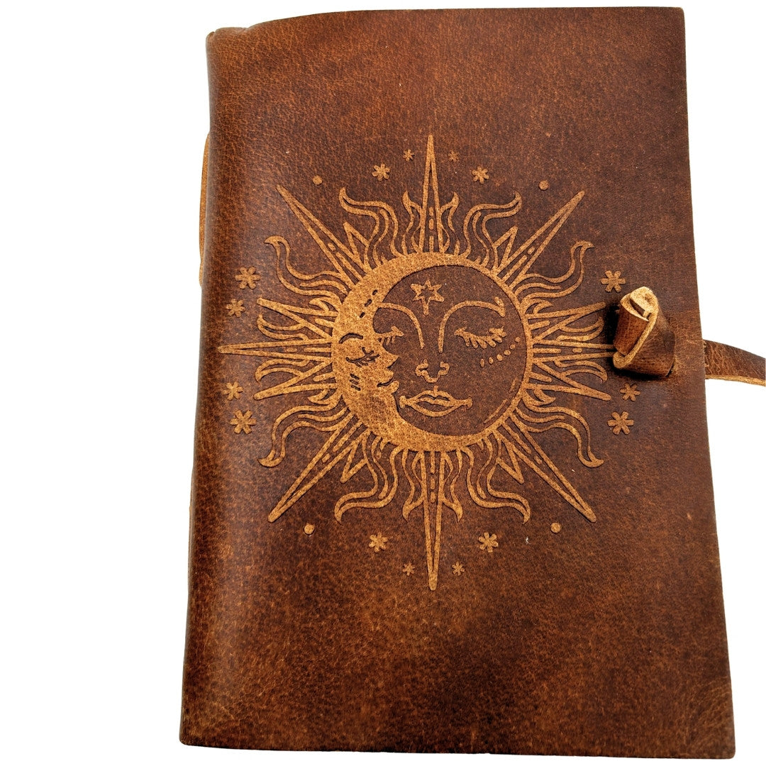 Vintage lædernotesbog 200 sider - Solen og Månen - bøffellæder – H038