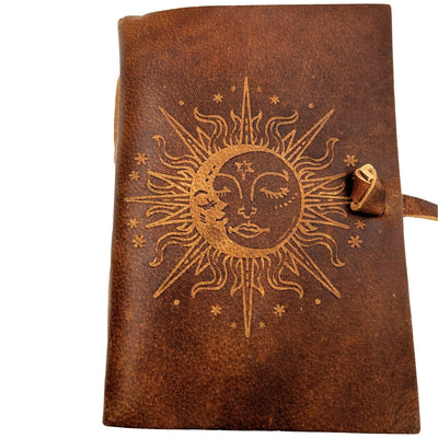 Vintage lædernotesbog 200 sider - Solen og Månen - bøffellæder – H038