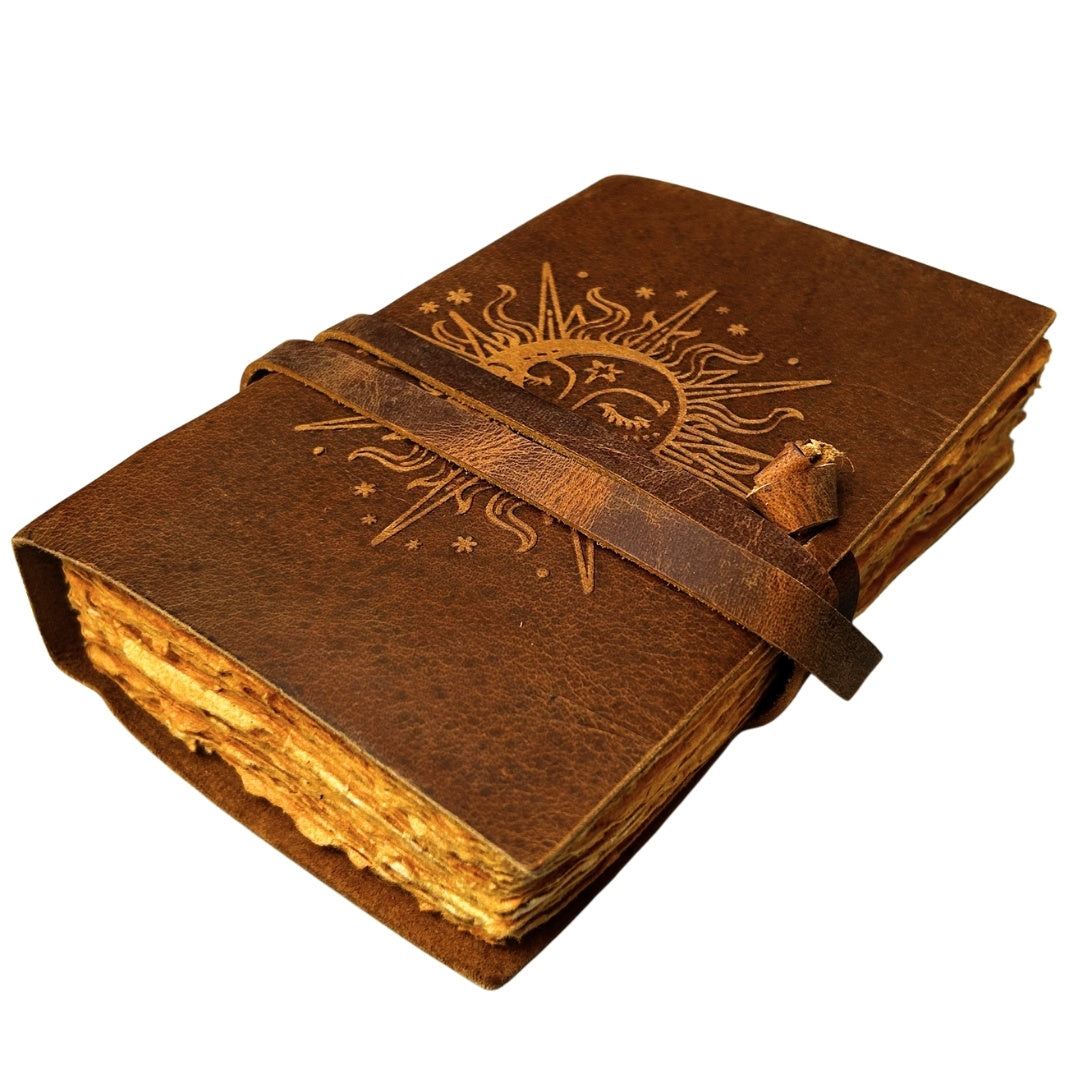 Vintage lædernotesbog 200 sider - Solen og Månen - bøffellæder – H038