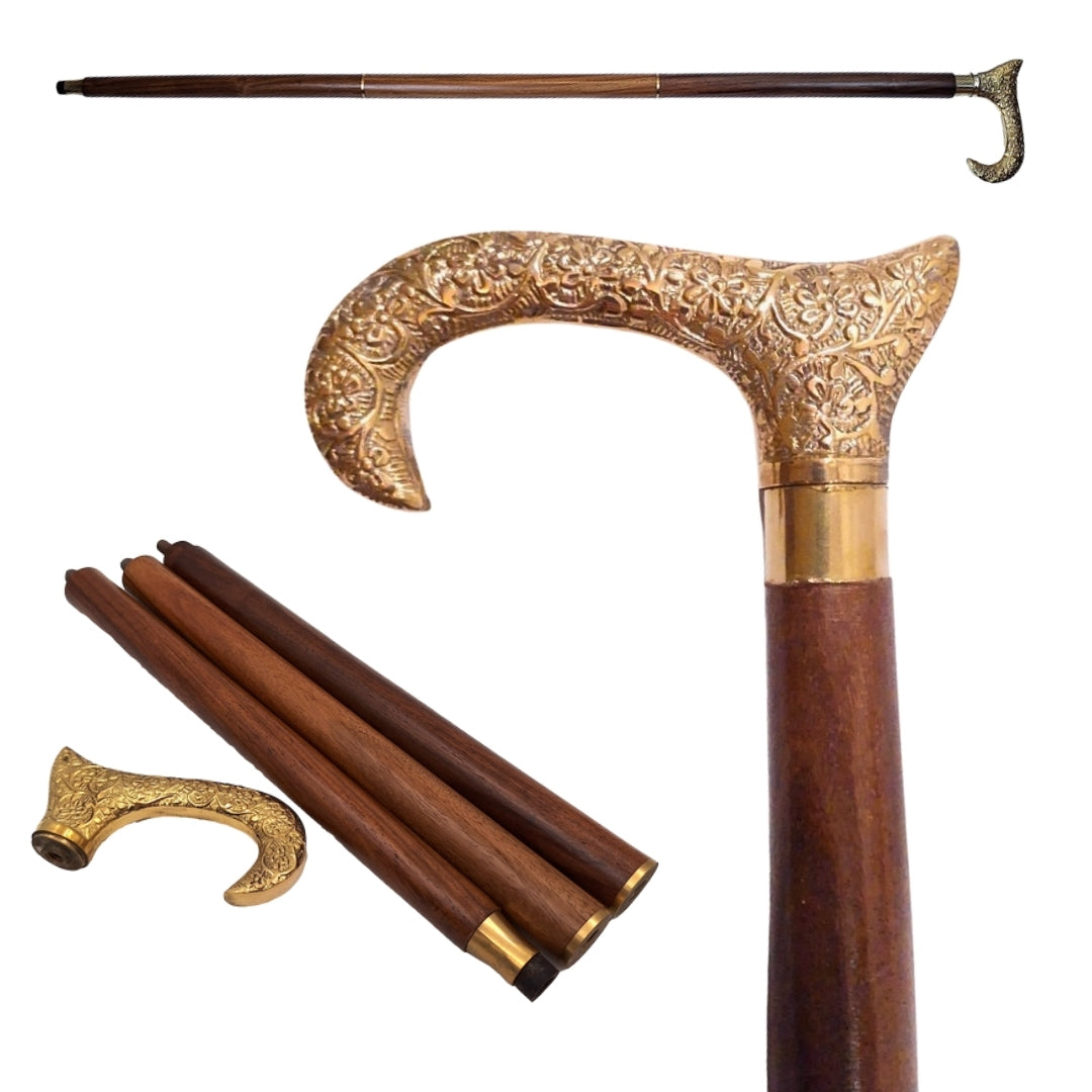 Træstok med gyldent håndtag - foldbar - elegant gave med mulighed for personlig gravering - 91,5 cm, brun med messinghåndtag  