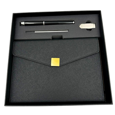 Elegant premium gavesæt – A5-notesbog med kuglepen og USB-nøgle 16GB i æske – sort-guld – EE9
