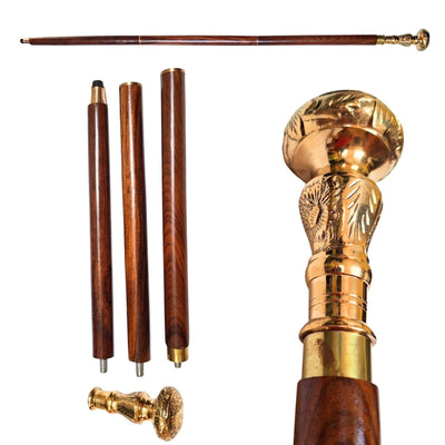 Elegant Sammenklappelig Gåstok med Messinghåndtag - Brun Træstok med Mulighed for Gravering - Perfekt Gave til Senior med Retro Stil - Maksimal Længde 96 cm