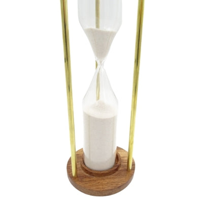 Timeglas i messing og træ, 30 min., med mulighed for personlig gravering – elegant gave til enhver anledning, højde 30,5 cm, hvidt sand, klassiske materialer