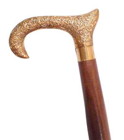 Træstok med gyldent håndtag - foldbar - elegant gave med mulighed for personlig gravering - 91,5 cm, brun med messinghåndtag  