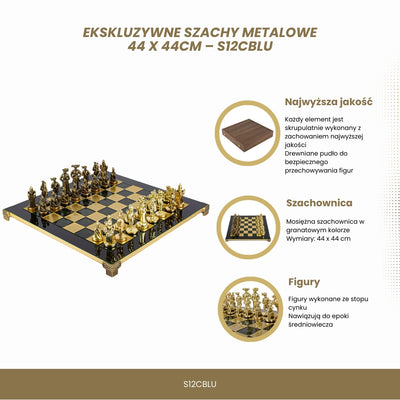 Eksklusive metalskakbrikker – Messingskakbræt 44 x 44cm – Middelalder – S12CBLU