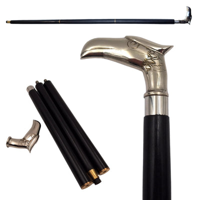 Foldbar træstok med ørnehoved - elegant gave med mulighed for personlig gravering, længde 91,5 cm, sort med sølv- og messinghåndtag  