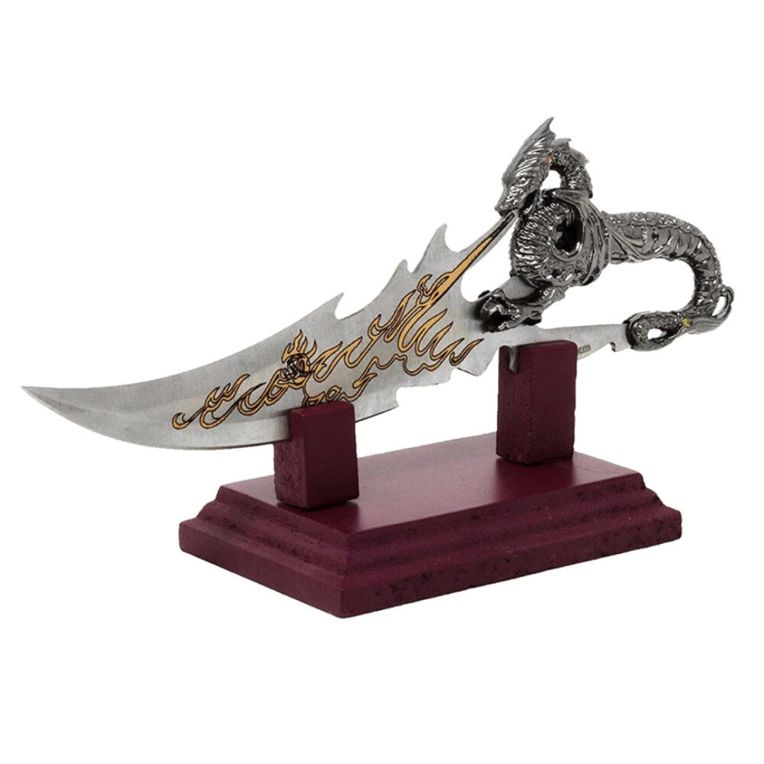 Dekorativ dolk med drage på fod 19 cm - fantasy - rustfrit stål – SW-185