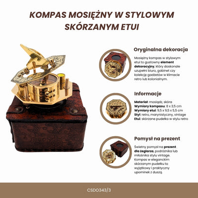 Messing Kompas i Stilfuld Læderæske med Mulighed for Gravering – Retro Vintage Gave til Rejsende, Sømand - 8 cm Højde, Elegant Messingdesign