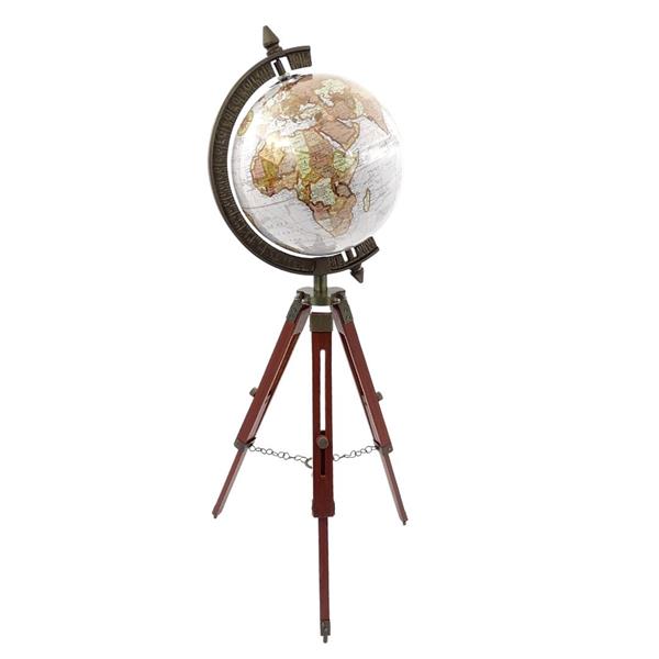Elegant kolonialglobus på trætreben NC2140 med justerbar højde op til 78 cm, lamineret kort i hvide og brune nuancer, ideel som gave med mulighed for personlig gravering  