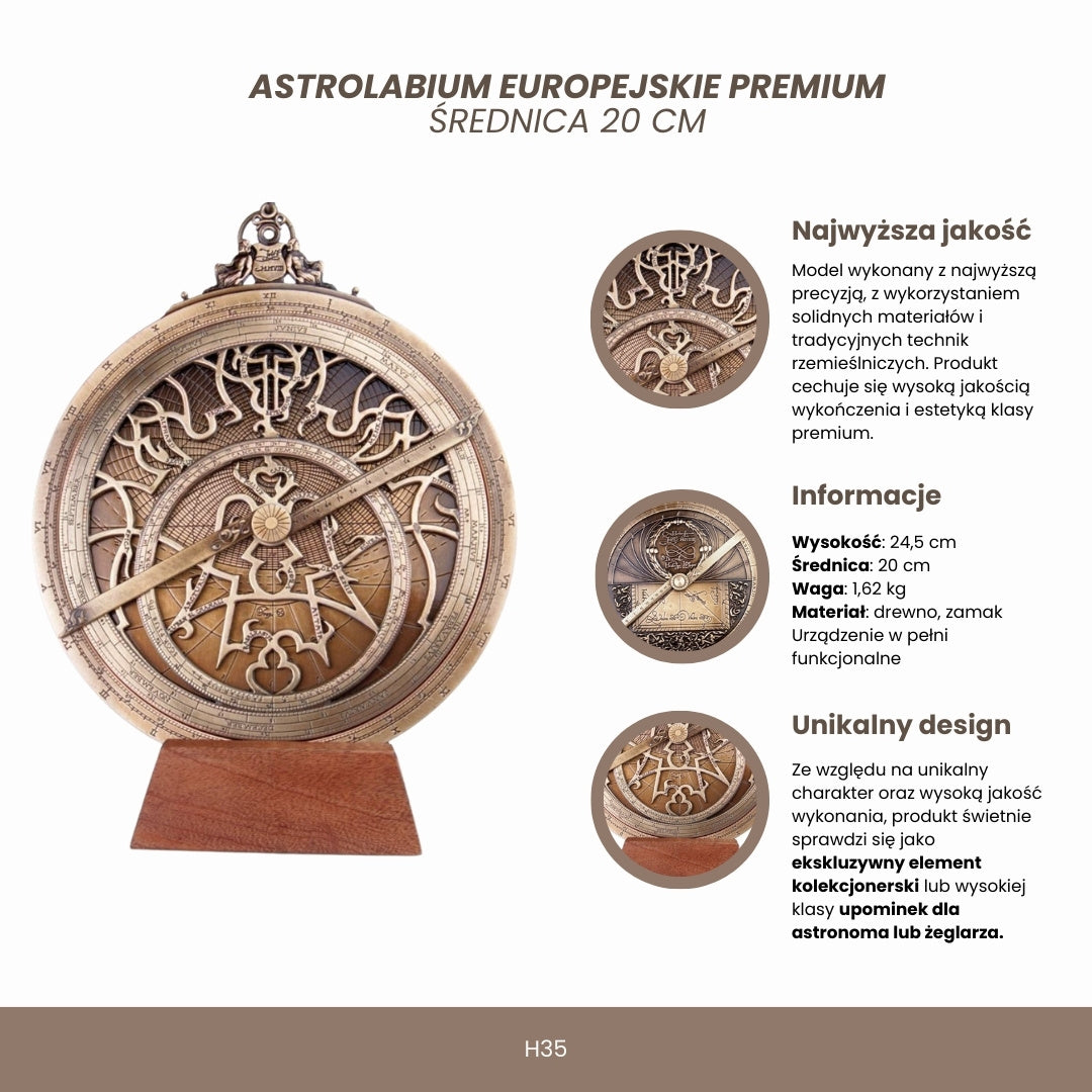 Stort europæisk astrolabium - diameter 20 cm - premiumgave til astronom eller sejler - H35