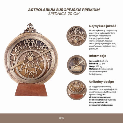 Stort europæisk astrolabium - diameter 20 cm - premiumgave til astronom eller sejler - H35