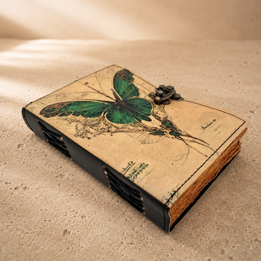 Retro notesbog i læder med sommerfugl - gedeskind, 200 sider - AH20