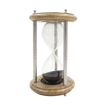 Messing-træ timeglas 10 min med gravering - elegant gave i sort farve, højde 25 cm, lavet af metal, glas og mangotræ  