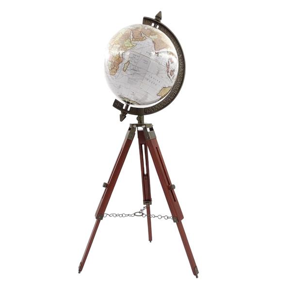 Elegant kolonialglobus på trætreben NC2140 med justerbar højde op til 78 cm, lamineret kort i hvide og brune nuancer, ideel som gave med mulighed for personlig gravering  