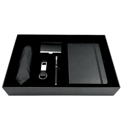 Elegant premium forretningsgavesæt - lædernotesbog, paraply, visitkortholder, kuglepen, nøglering - EE15