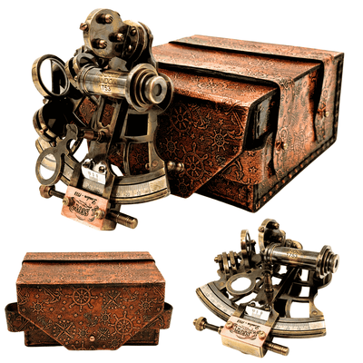 Messing Sekstant Retro i Læderetui - Elegant Navigationsinstrument med Mulighed for Gravering - Perfekt Gave til Sejlere og Historieentusiaster - Mål 13x12x7 cm