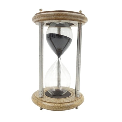 Messing-træ timeglas 10 min med gravering - elegant gave i sort farve, højde 25 cm, lavet af metal, glas og mangotræ  