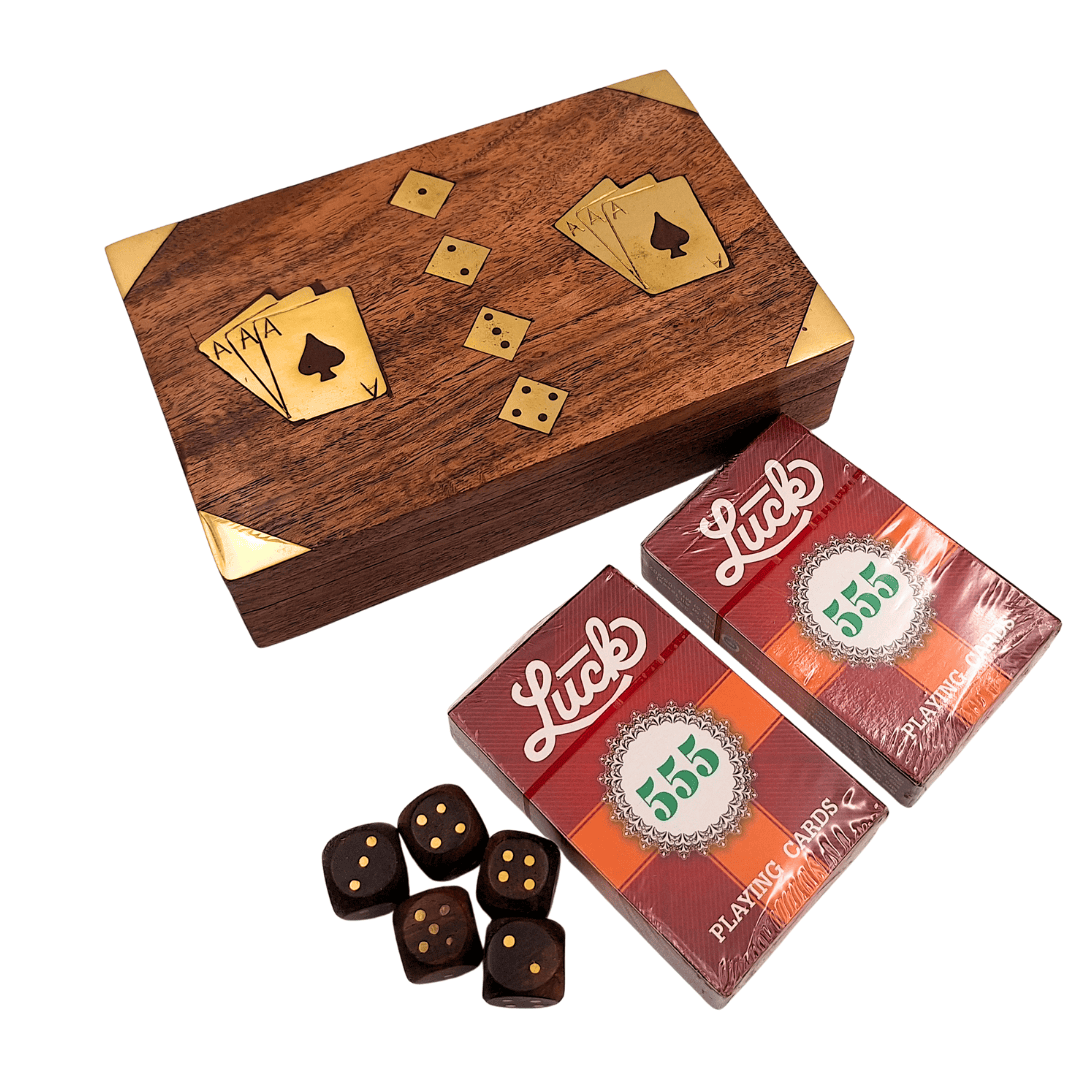 Spillesæt - to sæt spillekort og terninger i trææske – elegant gave til spilleren – DNU-008