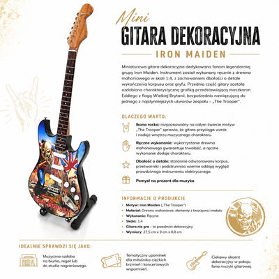 Mini dekorationsguitar Iron Maiden “The Trooper” af mahogni - håndlavet pynt til musikfans