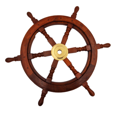 Træ-rorhjul med messingindlæg - Diameter 60 cm - Retro maritim dekoration som gave til en sejler