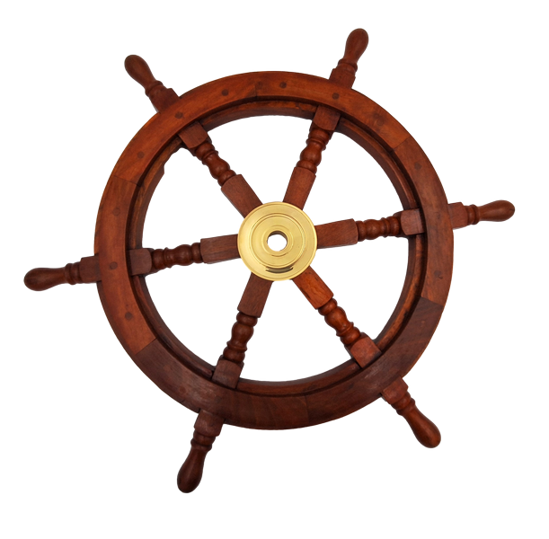 Træ-rorhjul med messingindlæg - Diameter 60 cm - Retro maritim dekoration som gave til en sejler