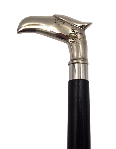 Foldbar træstok med ørnehoved - elegant gave med mulighed for personlig gravering, længde 91,5 cm, sort med sølv- og messinghåndtag  
