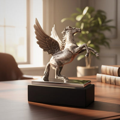 Pegasus - dekorativ aluminiumsfigur på stål- og træfod - NI9935