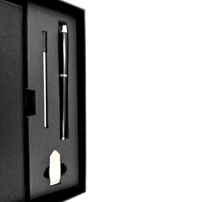 Elegant premium gavesæt – A5-notesbog med kuglepen og USB-nøgle 16GB i æske – sort-guld – EE9