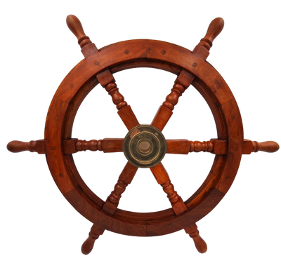 Træ-rorhjul med messingindlæg - Diameter 60 cm - Retro maritim dekoration som gave til en sejler