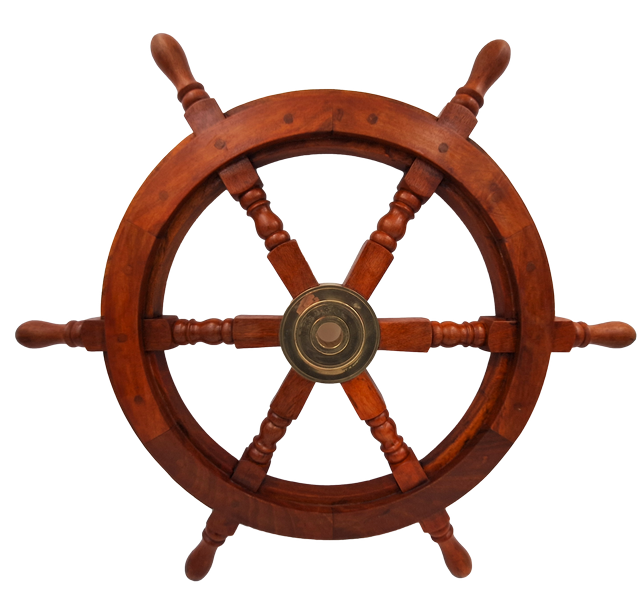 Træ-rorhjul med messingindlæg - Diameter 60 cm - Retro maritim dekoration som gave til en sejler