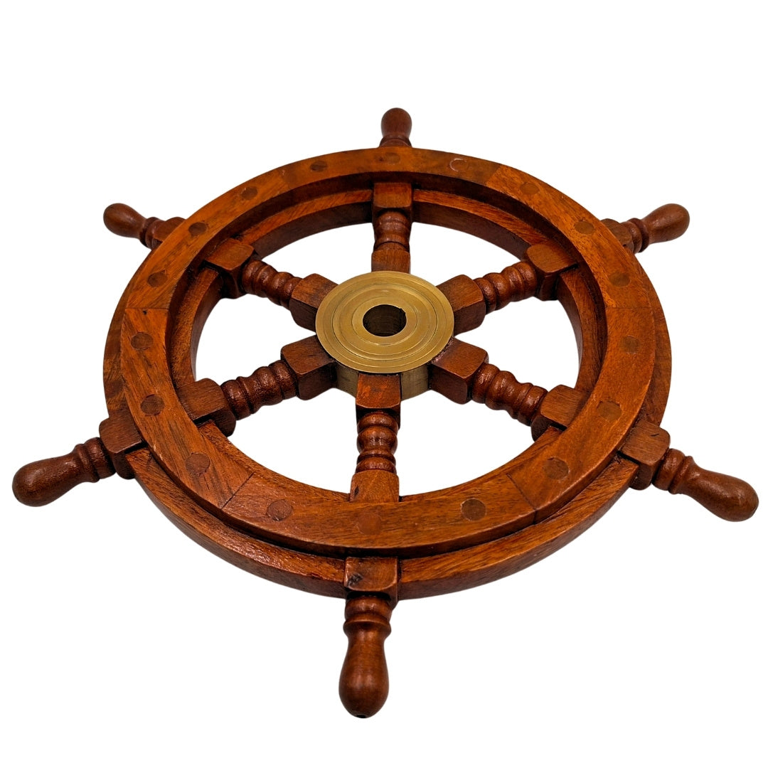 Trærorhjul med messingindsats og plads til kile - diameter 30 cm - ideel gave med mulighed for personlig gravering - maritim og retro stil  