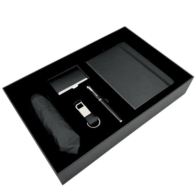 Elegant premium forretningsgavesæt - lædernotesbog, paraply, visitkortholder, kuglepen, nøglering - EE15