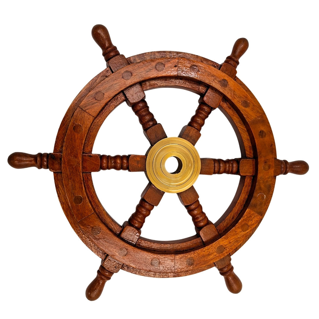 Trærorhjul med messingindsats og plads til kile - diameter 30 cm - ideel gave med mulighed for personlig gravering - maritim og retro stil  